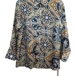 Mens Vibrant Italian Linen Majorca tile Print Long Sleeve shirt